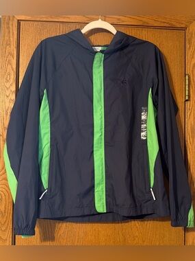 Old Navy Navy and Bright Green Hooded Rain Jacket Women’s Large